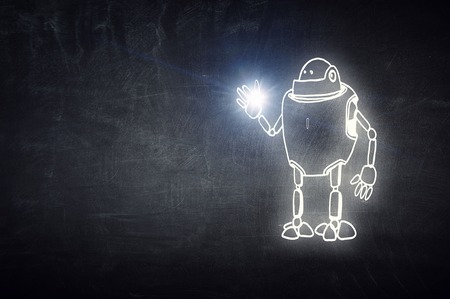 Funny childish drawn robot on dark backgroundの写真素材