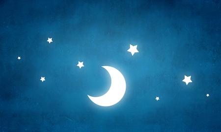 Moon and stars on blue wall backgroundの写真素材