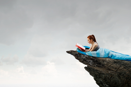 Girl tourist having rest. Mixed mediaの写真素材