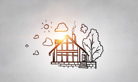 Background image with drawn buildings on grayの写真素材
