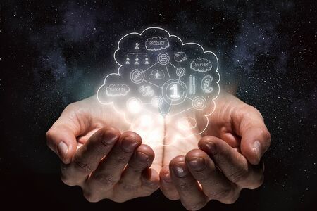 Sketched business plan and strategy in business person palms. Mixed mediaの写真素材