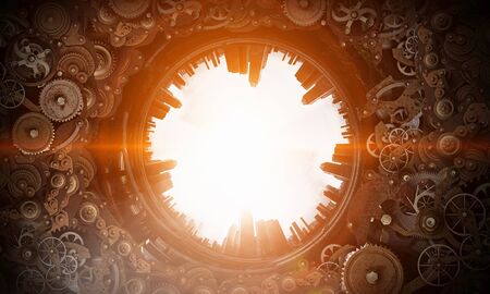 Conceptual image of construction and production with gears and cogwheels. Mixed mediaの写真素材