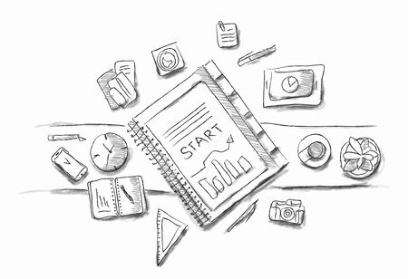 Drawn image of work table with objectsの写真素材