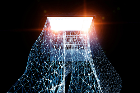Laptop with connection lines on dark background. 3d rendering
