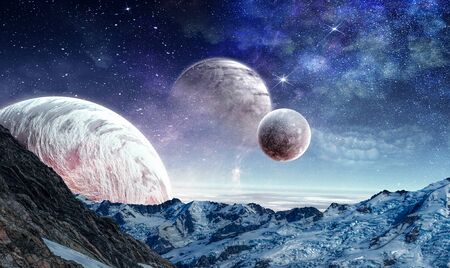 Abstract background image with space planets and natural landscapeの写真素材