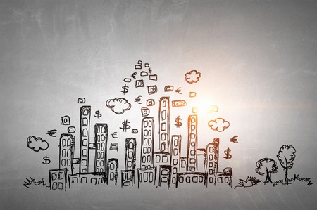 Background image with drawn business concept on concrete backgroundの写真素材