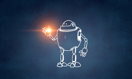 Funny childish drawn robot on blue backgroundの写真素材