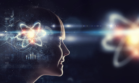 Double exposure of kid girl and science concept on dark background