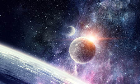 Abstract background image with space planets and starry sky.