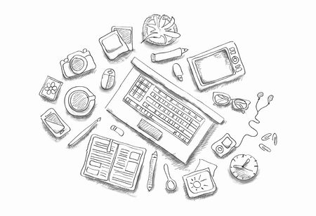 Pencil illustration of workplace with different office staffの写真素材