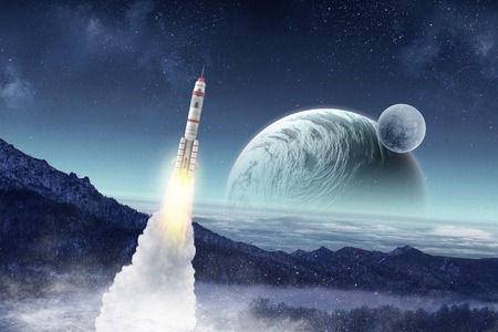 Rocket flying in starry space sky. Mixed mediaの写真素材