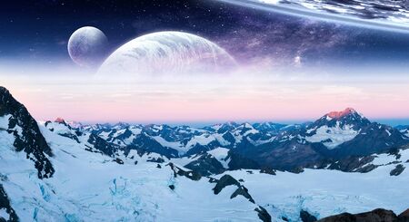Abstract background image with space planets and natural landscape.の写真素材