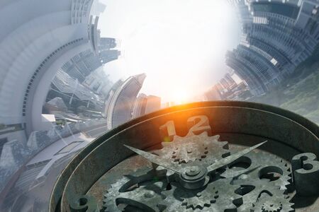 Old clockwork mechanism with gears and arrows. Mixed mediaの写真素材