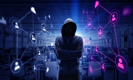 Unrecognizable man wearing hoody against dark background. 3d rendering