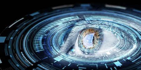 Human eye and digital media interface as cyberspace concept. Mixed media