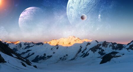 Abstract background image with space planets and natural landscape.の写真素材