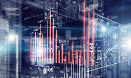 Background image with charts and graphs on media screen. Mixed media
