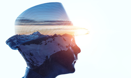 Silhouette of boy on white. Mixed mediaの写真素材