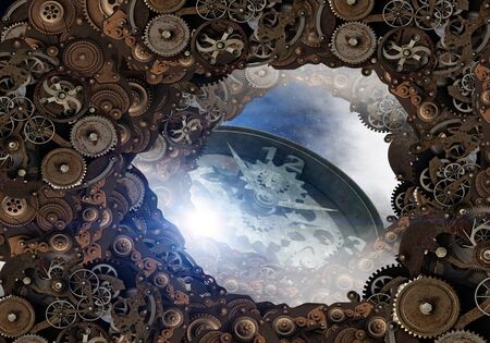 Conceptual image of construction and production with gears and cogwheels. Mixed mediaの写真素材