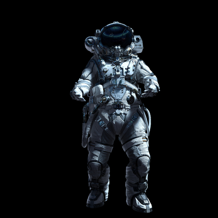 Spaceman in white suit on black background. Mixed media