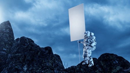 Astronaut holding blank banner for advertise. Mixed media