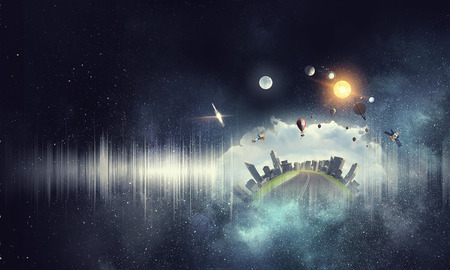 City island floating on the clouds as ecology concept. Mixed mediaの写真素材