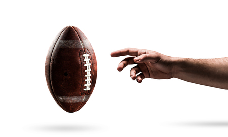 Male hand on white background touching with finger sport ballの写真素材