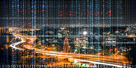 Media user interface with graphs and diagrams on modern cityscape