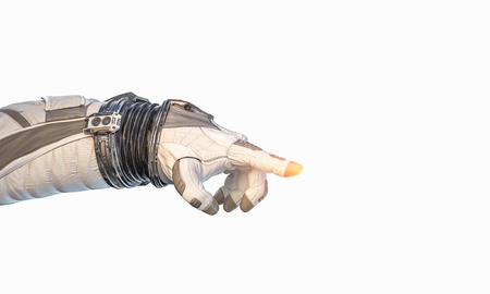 Hand of astronaut on white background touching something with hand. Mixed mediaの写真素材