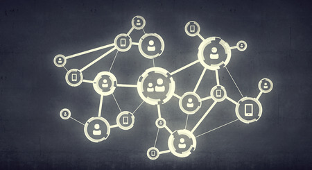 Social network system drawn on grey concrete wall. 3d rendering