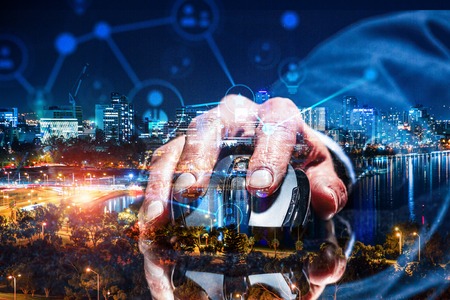 Hand of businessman on table using mouse. 3d rendering