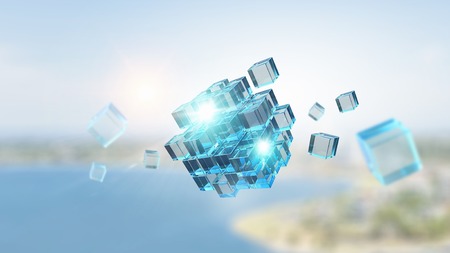 Cube figure floating in air. 3d renderingの写真素材