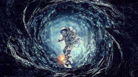 Spaceman on flying board. Mixed mediaの写真素材