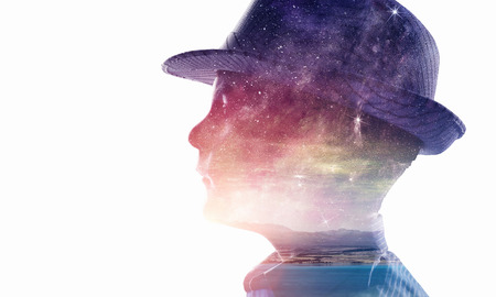 Silhouette of boy on white. Mixed media