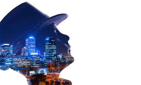 Silhouette of boy. Mixed mediaの写真素材