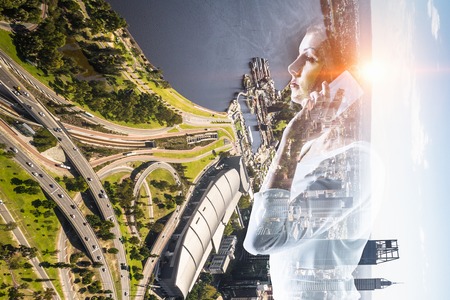 Business lady talk mobile. Mixed mediaの写真素材