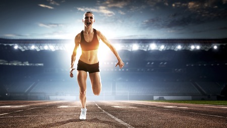 Athlete running race. Mixed mediaの写真素材