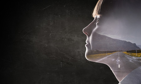 Silhouette of kid girl. Mixed mediaの写真素材