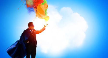 Super man in sky. Mixed mediaの写真素材