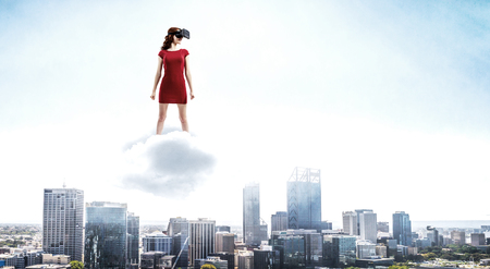 Experiencing virtual technology world. Mixed mediaの写真素材