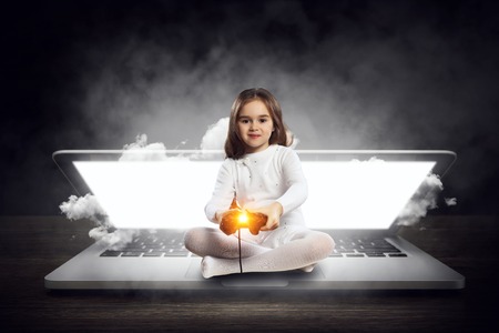 Girl playing video game. Mixed media