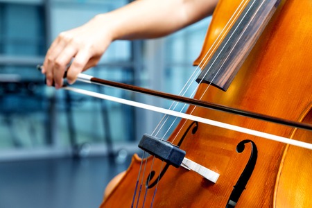 Close up of cello with bow in handsの写真素材