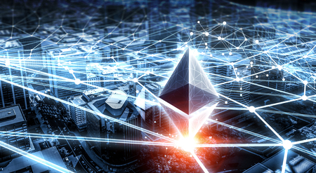 Bitcoin and Ethereum symbols on abstract blue background. 3d renderingの写真素材