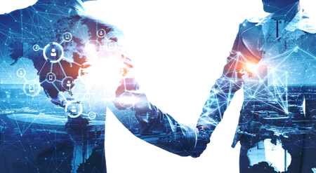 Close up of two businesspeople shaking hands against modern cityscape background. 3d renderingの写真素材