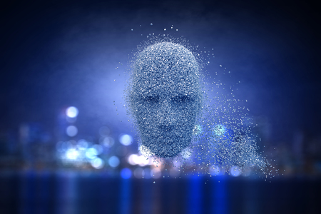 Modern technology concept wih cyber robot face. Mixed mediaの写真素材