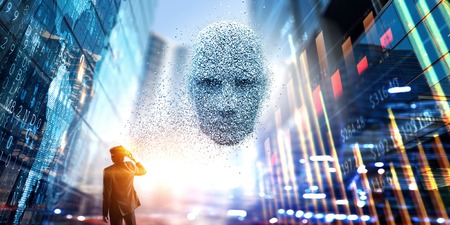 Silver digital head and a businessman in virtual reality headsetの写真素材
