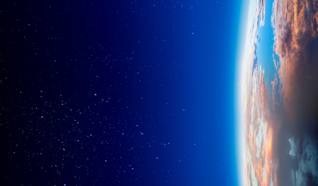 Sunrise on planet orbit, space beauty