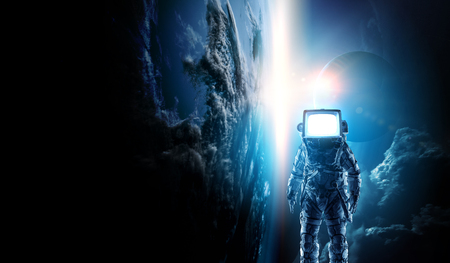 Astronaut with TV head in space. Mixed media.