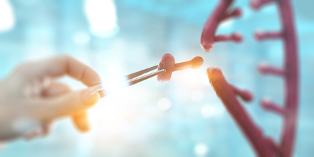 DNA molecules with female hand holding pincers. Mixed mediaの写真素材