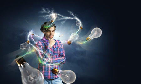 Man thinking and seeking new idea concept. Mixed mediaの写真素材